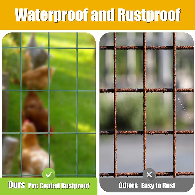 Green PVC Coated Welded Wire Fencing, 72in High x 50ft Long, 2 inch x 4 inch 14GA 2/3/4/5/6 Ft Tall Welded Wire Fence Rolls, Green Metal Garden Fence Wire Roll Garden Fencing for Yard