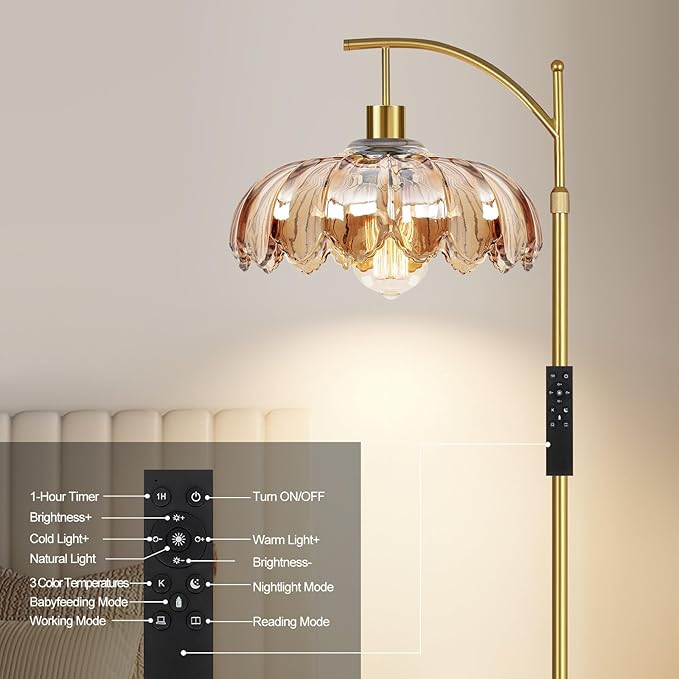 Arc Floor Lamp with 3 Color Temperatures,Gold Floor Lamp with Remote & 3 Color Temperature,Mid Century Modern Standing Lamp with Glass Lampshades,Vintage Tall Floor Lamps for Living Room Bedroom