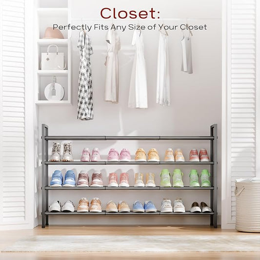 Bumusty 4-Tier Long Expandable Shoe Rack for Closet, 18"-44" Adjustable Shoe Rack for Small Space, Small Shoe Organizer for Front Door, Sturdy Metal, Grey