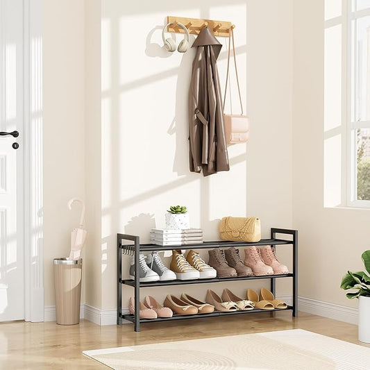Adjustable 18"-33" Expandable Shoe Rack for Closet 12 Pairs Small Spaces 3 Tier Shoe Organizer with 5 Hooks Metal Shoe Shelf for Entryway, Bedroom