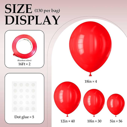 130PCS Red Balloons, Latex Balloons Different Sizes 18/12/10/5 Inch, Helium Balloons with Ribbon, Party Balloon Set for Birthday Wedding Graduation Anniversary Baby Shower Decorations.