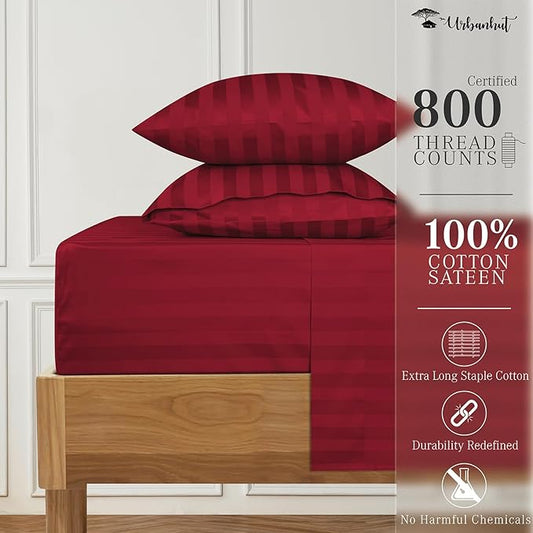 URBANHUT 800 Thread Count Egyptian Cotton Damask Striped Queen Size Sheets Set (4 Pc) - Ultra Soft & Smooth, Sateen Weave Queen Size Sheets, Luxury Hotel Sheets with 16" Deep Pocket - Burgundy