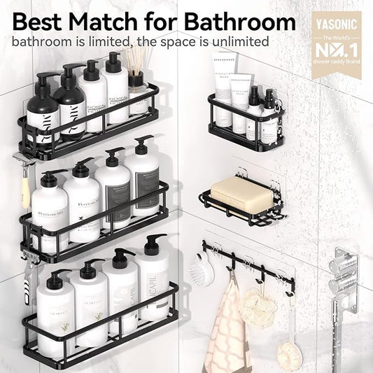 YASONIC Shower Caddy 6 Pack Rustproof Shower Organizer, Large Capacity Shower Shelves for Inside Shower, Bathroom Organizers and Storage with Soap Holder and 12 Hooks, Adhesive Shower Storage