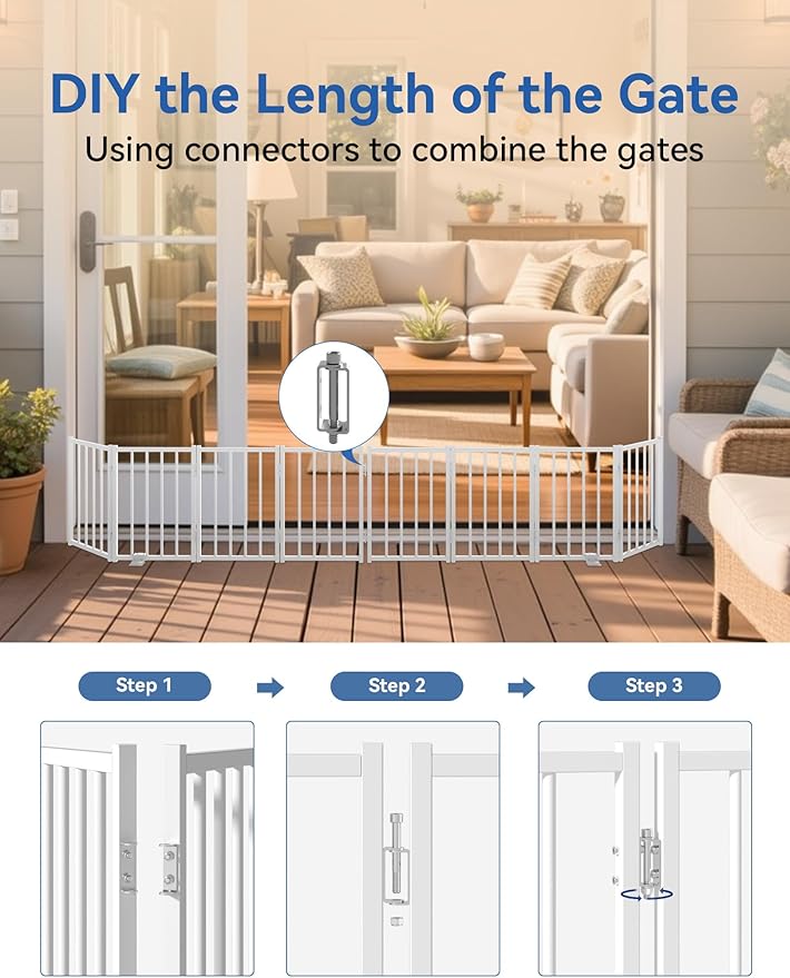 Free Standing Foldable Dog Gate, 16.5" High Step-Over Metal Short Pet Gate, Up to 48" Wide Puppy Fence for Stairs and Doorways, Indoor & Outdoor Use, No Drilling and No Assembly, White