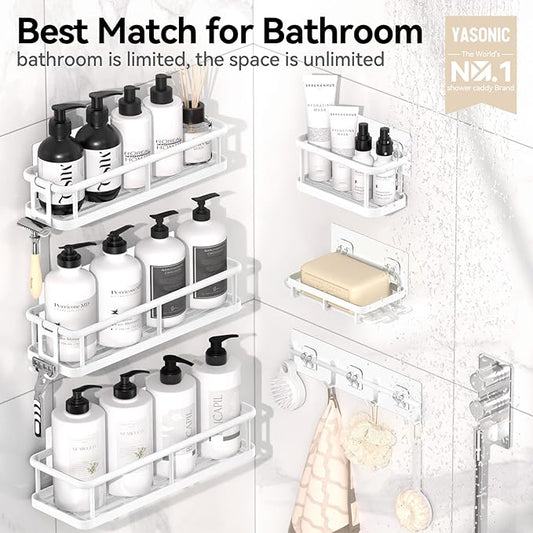YASONIC Shower Caddy, 6 Pack Large Capacity Shower Organizer with Soap Holder and 12 Hooks, Rustproof Shelves for Inside Shower, No Drilling&Sleek Bathroom Organizers and Storage White