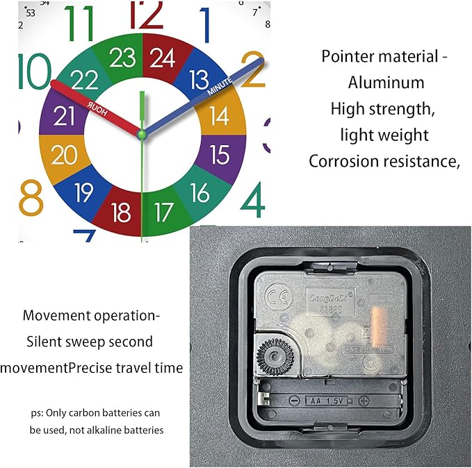 XFM Large Learning Clock for Kids Silent Non Ticking Battery Operated Colorful Teaching Time Clock 16 Inch Decorative Analog Clock for Kids Room Classroom School Playroom