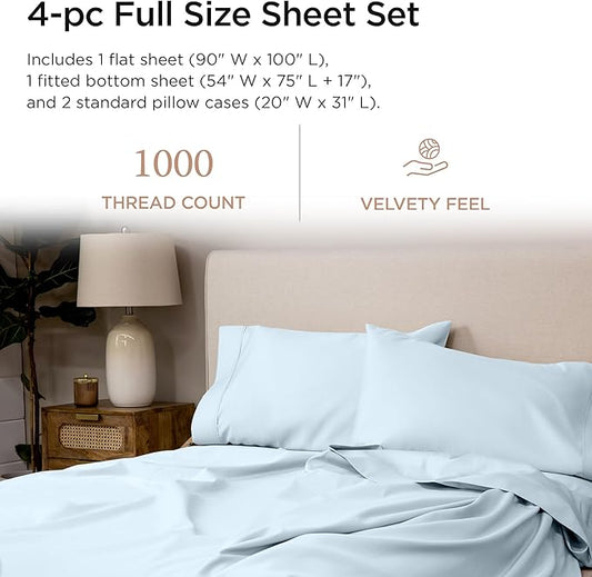 Threadmill Luxury Full Size Sheets for Full Size Mattress, 1000 Thread Count Supima Cotton Sheets for Full Mattress, 5-Star Hotel Quality 4 Piece Bed Sheets with Extra Deep Pocket, Light Blue