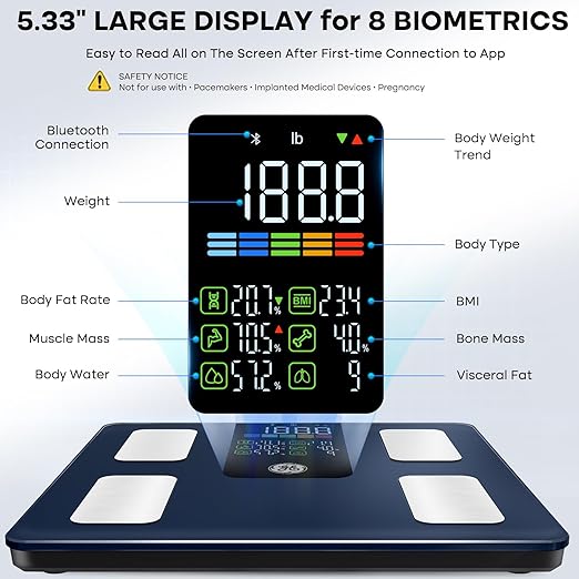 GE Smart Scale for Body Weight, BMI, Body Fat, Muscle Mass, Digital Bathroom Scales 500lbs for Bluetooth Weight Monitor 11.8" Large Platform Weighing Machine Health Analyzer with App