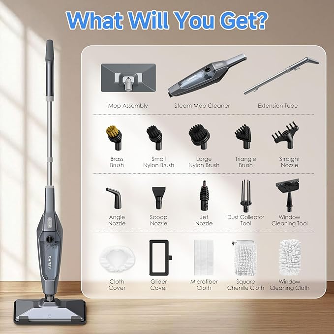 SENMO Steam Mop, 14-in-1 Detachable Steam Cleaner for Home and Floor, 1300W 228°F Deep Cleaning MultiPurpose Floor Steamer with 14 Attachments for Hardwood Floors, Tile, Grout, Furniture, Carpet, Wall