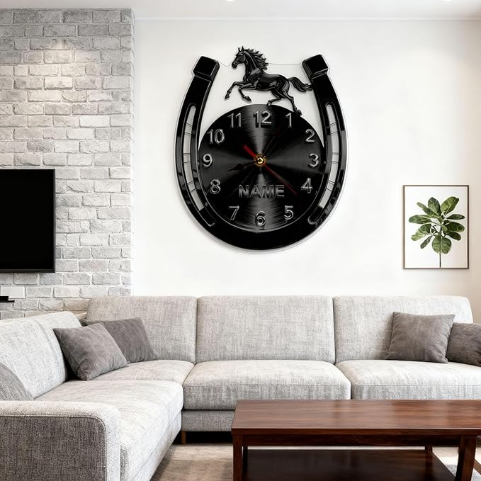 Personalized Horseshoe Name Wall Clock for Horse Lovers 2D Acrylic Printing Custom Name Clock Decorative Wall Clocks Suitable for Reception Rooms Conference Rooms Offices (Black Horseshoe)