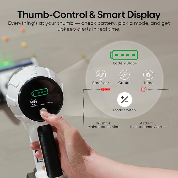 ElecKeys Cordless Vacuum Cleaner, 580W 48KPA 65Mins Vacuum Cleaners for Home, Self-Standing Anti-Tangle Vacuum with LED Display, Rechargeable, Lightweight, Cordless Vacuum for Floors/Pet Hair, Grey