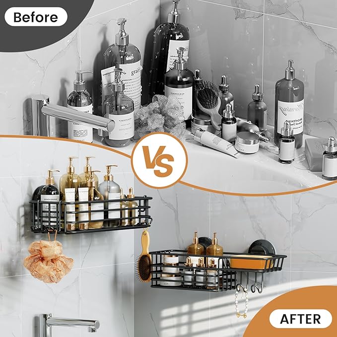 LEVERLOC Shower Caddy Suction Cup, 2 Pack Shower Shelves for Inside Shower with Hooks & Soap Holder, NO-Drilling Bathroom Shower Organizer, Rustproof Meatl Shower Holder Storage, Black