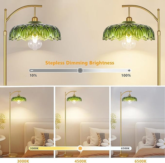Gold Floor Lamp for Living Room,Bedroom,Mid Century Modern Standing Lamp with Remote,Dimmable Brass Tall Lamp Green Glass Lamp Shade Vintage Retro Arc Floor Lamps Floor Light Boho Bohemian