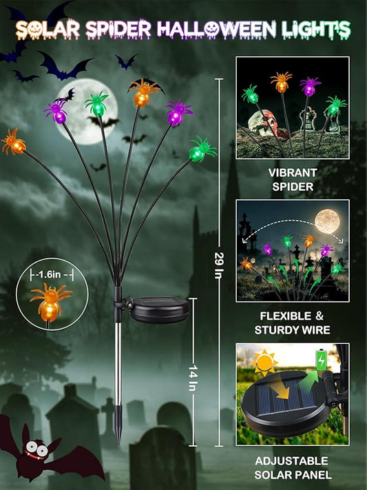 6 Pack 36LED Purple Orange and Green Halloween Solar Spider Garden Lights Outdoor, Solar Firefly Lights Swaying Lights with 2 Modes, Waterproof for Garden Yard Lawn Pathway Halloween Decorations