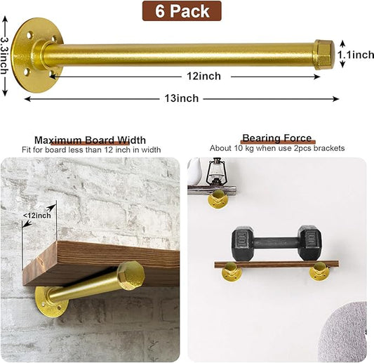 6 Pcs Industrial Pipe Clothes Bar 12 Inch - Wall Mount Clothing Rack - Face Out Closet Rods for Hanging Clothes Commercial Retail Boutique Laundry Shirt Display - Golden