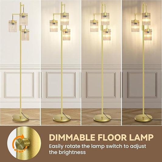 Industrial Modern Floor Lamps for Living Room, Dimmable Glass Tree Standing Tall Lamps with 3 Elegant Teardrop Cage Head & 800 Lumens LED Bulbs for Bedroom Office (65inch Tall)
