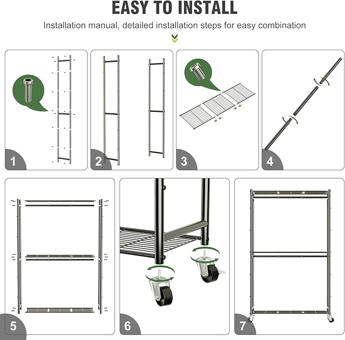 Rolling Clothes Rack for Hanging Clothes, Metal Clothing Garment Rack with Double Rods & 3 Wire Shelves, Portable Wardrobe Closet with Wheels