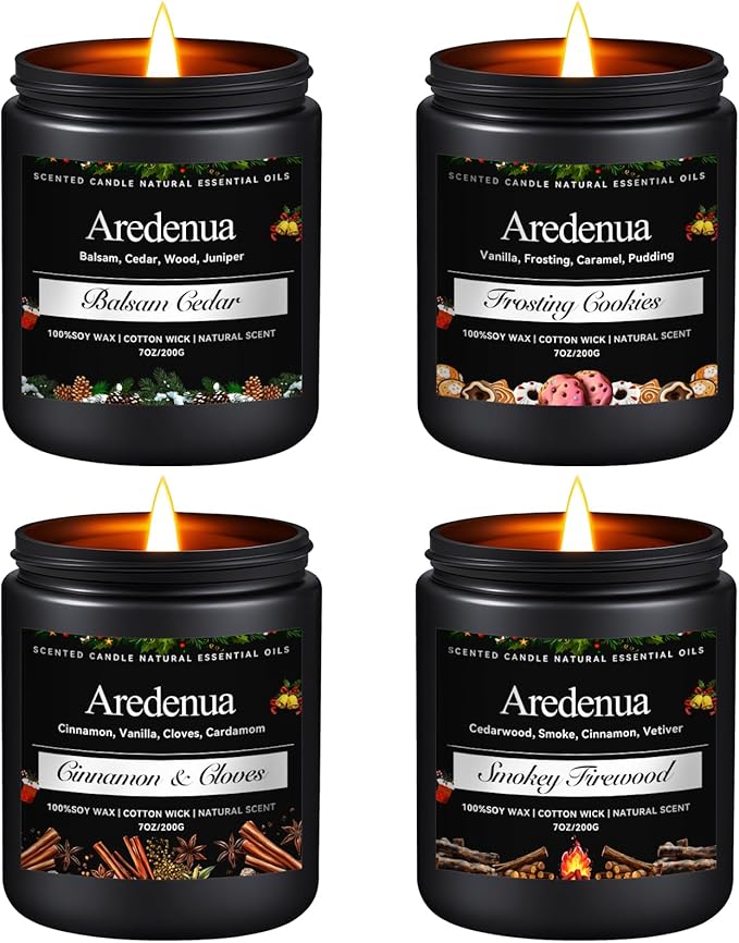 Winter Candles Set | 4 Pack Holiday Scented Candles - Cozy Winter Soy Candle Scents of Balsam Cedar/Firewood/Cinnamon & Cloves/Cookies - Holiday Aromatherapy Candle Gifts for Women Men