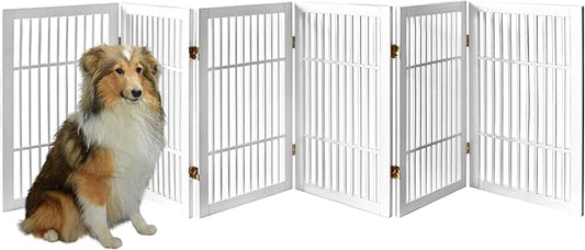 Pet Dog Gate Strong and Durable Freestanding Folding Acacia Hardwood Portable Wooden Fence Indoors or Outdoors by Urnporium (White Pet Gate, 6 Panel 30" Tall)