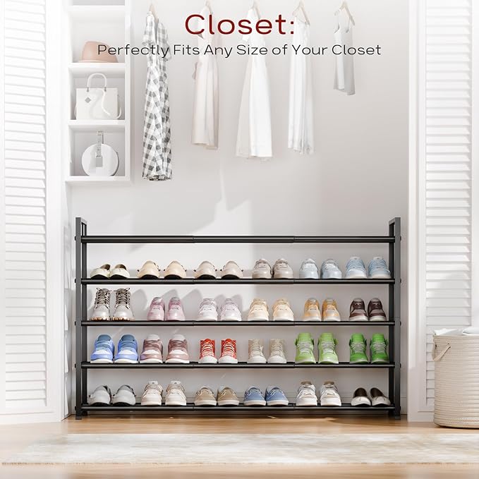 Bumusty 5-Tier Long Expandable Shoe Rack for Closet, 18"-44" Adjustable Shoe Rack for Entryway, 25-30 Pairs Large Shoe Organizer Shelf Storage, Sturdy Metal, Black