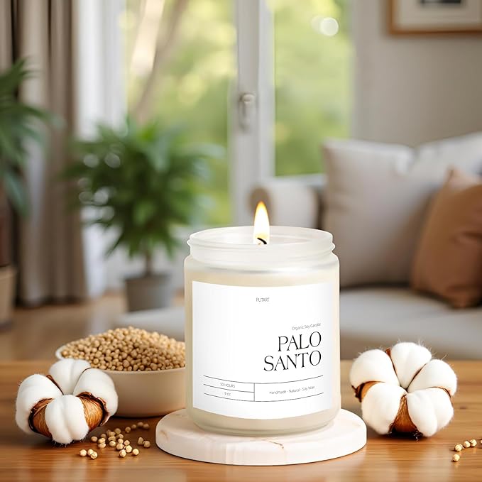 Palo Santo Highly Scented Candle for Home, 9oz Natural Soy Aromatherapy Non Toxic Candles with Essential Oil, Home Fragrance Stress Relief & Meditation Jar Candles Gifts for Women & Men, White