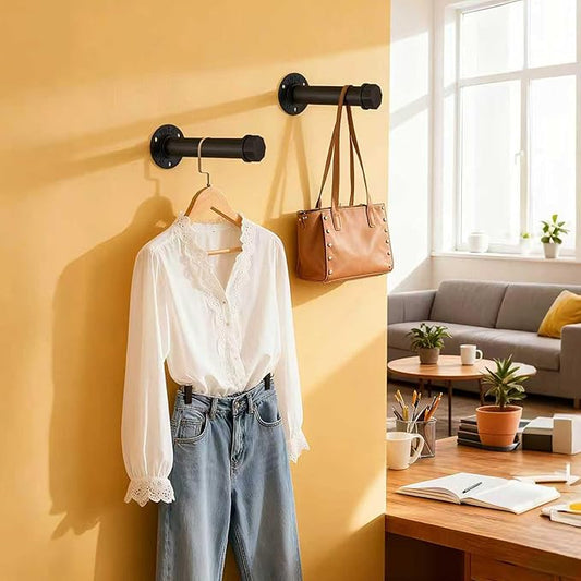 Industrial Pipe Clothes Hanging Rack 8 Inches Heavy Duty Metal Clothing Hanger Rack Wall Mounted Clothes Hanging Bar Small Closet Rods (2 Pack)
