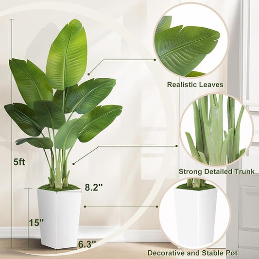 Lifelike Bird of Paradise Artificial Plant 5ft Faux Banana Leaf Tree with White Tall Planter for Home Decor - Perfect Indoor Silk Floor Plant for Living Room, Office, and Bedroom Ambiance Enhancement