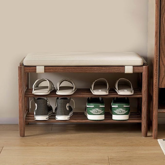 YESWOOD Solid Wood Shoe Bench Assembled, Shoe Rack Bench with Cushion for Entryway, Living Room, Bedroom, Hallway, 31.49“ x 11.81” x 17.71", Walnut