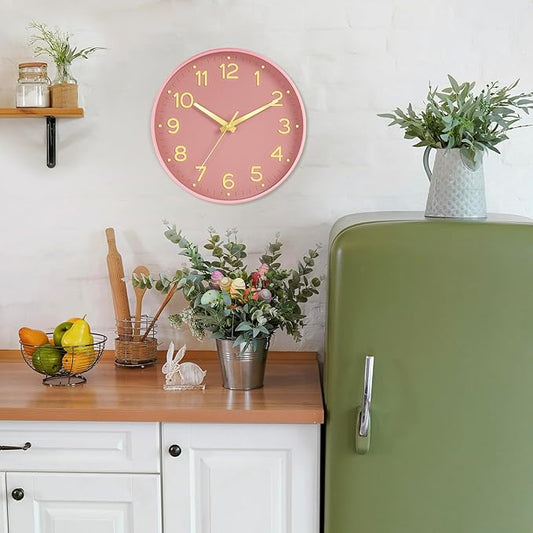 Silent Wall Clocks Battery Operated 10 Inch-Modern Non Ticking Analog Clock Decorative for Kitchen Office Bathroom Bedroom(Pink Gold)