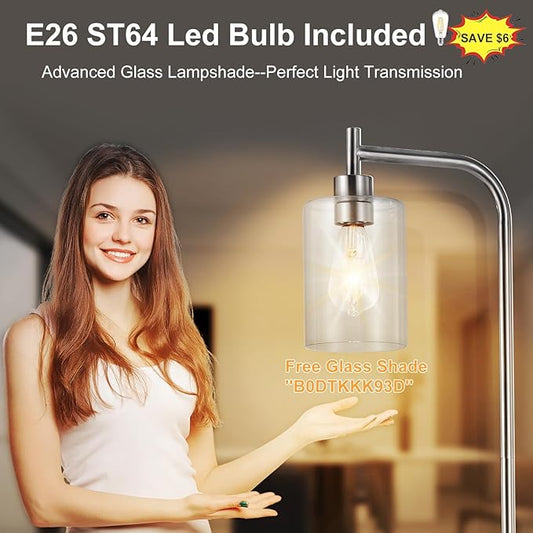 DLLT Floor Lamp Tall for Room: Nickel Standing Lamp with Clear Glass Lampshade for Living Room - Modern Bright Lamp for Bedroom - Industrial Corner Floor Lamps for Office 8W Led Bulb Included