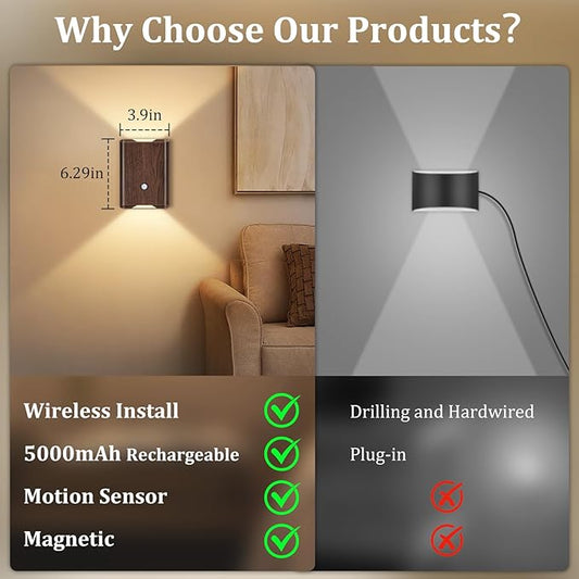 Rechargeable Motion Sensor Wall Light - 3 Colors Battery Powered Wireless Wall Sconces Set of Two with Remote, Magnetic Motion Sensor Stair Lights Indoor Night Light for Bedroom Hallway Closet, Walnut