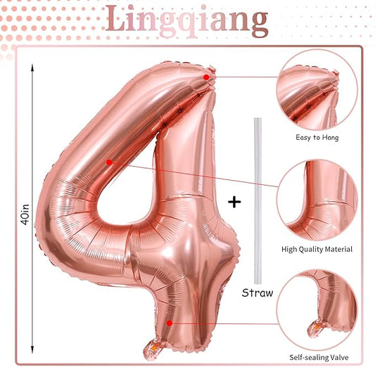 40 Inch Rose Gold Number 4 Balloon for Girls, Large Self Inflating Foil Number Balloons 0-9, Digit 4 Helium Balloons for Women 40th Anniversary 4th Birthday Engagement Party Decoration Supplies