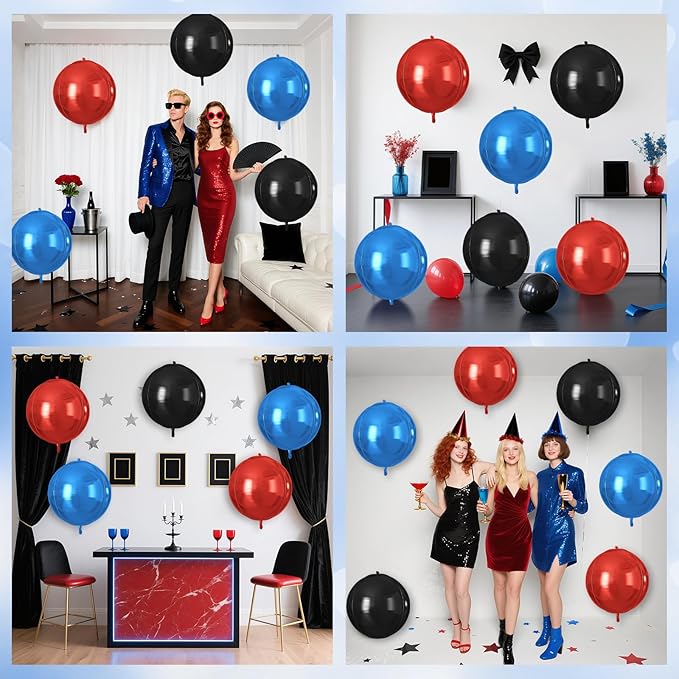 Red Blue Black Round Foil Balloons 9 pcs,Metallic Giant 4D Round Balloons 22 Inch for Birthday Baby Shower Kids Boys Party Decorations