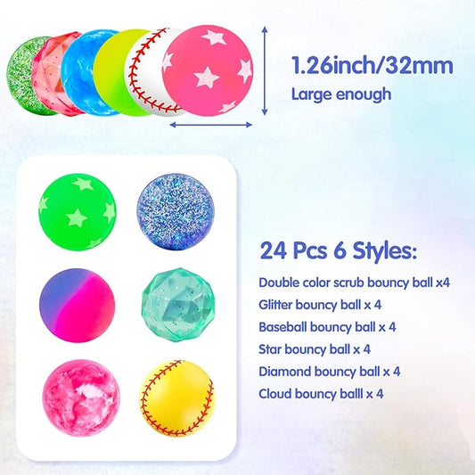 Bouncy Balls for Kids 24 Pieces 6 Styles 32 mm Assorted Bouncy Balls Toys for Kids Party Favors, Birthdays Party Favors, Classroom Prizes
