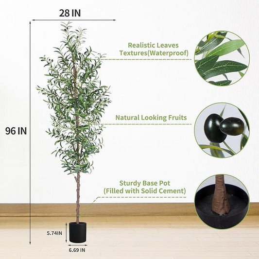 Artificial Olive Tree, 8FT Tall Faux Olive Trees 96in Outdoor Fake Potted Silk Plant with Trunk and Realistic 1574 Leaves and 48 Fruits for Modern Office Home Decor Indoor(1pack)