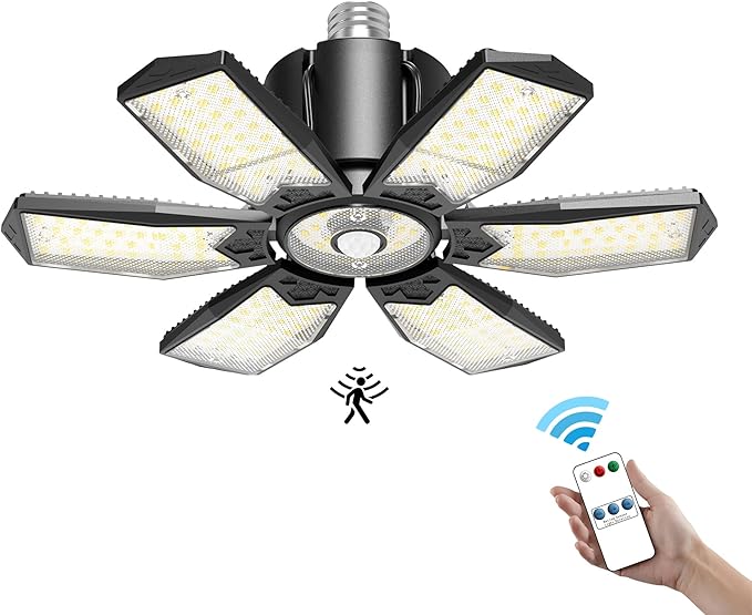 Motion Sensor Garage Light 200W 20000LM, Deformable LED Sensing Shop Lighting with Timer Setting - 6500K Bright Motion Activated Light Bulb for Basement/Workshop/Attic