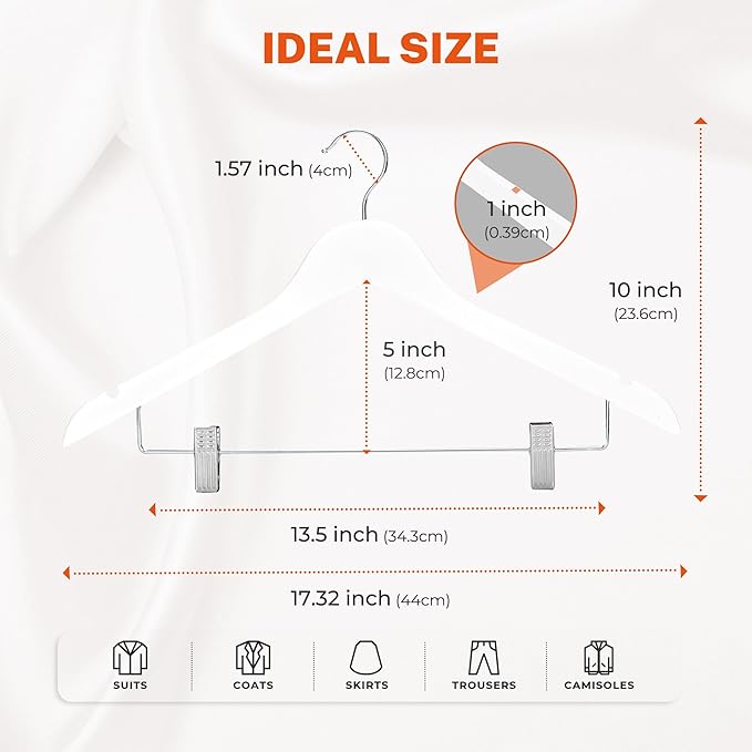 HOUSE DAY Wooden Hangers with Clips 24 Pack, Wood Clothes Hangers Smooth Finish Wooden Hanger Premium Wood Hanger for Clothes Suit, White