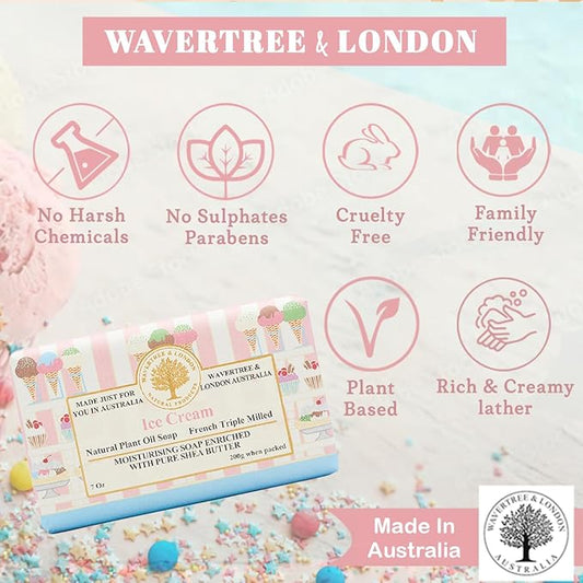 Wavertree & London Ice Cream Scented Natural Soap (8 Bars), 7oz Moisturizing French Triple Milled Soap Bars enriched with shea butter - Pure Plant Oil Bath & Body Bars for All Skin Types