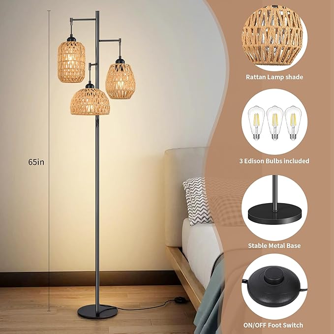 Boho Floor Lamp for Living Room Bedroom,Farmhouse Floor Lamps with 3 Rattan Wicker Shades,Rustic Black Vintage Standing Lamp Light 68" Tall Tree Floor Lamp for Office,Reading,Corner