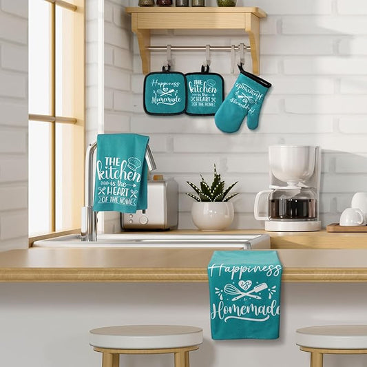 Sratte 6 Pcs Kitchen Decor Accessories Set Farmhouse Towels Pot Holders Oven Mitts Set 2 Dish Towels 2 Potholders 2 Cooking Mittens Oven Glove for Christmas Baking Cooking Supply(Teal,Kitchen)