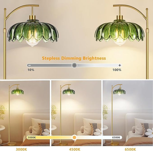 Gold Floor Lamp for Living Room,Bedroom,Mid Century Modern Standing Lamp with Remote,Dimmable Brass Tall Lamp Green Glass Lamp Vintage Retro Arc Floor Lamps Flower Floor Light Boho Bohemian