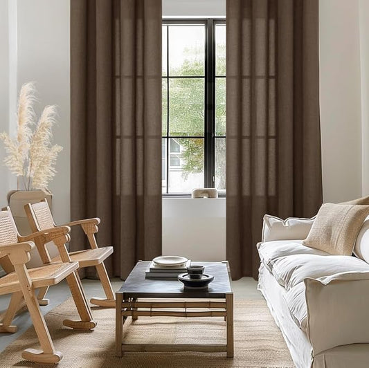 YoungsTex Brown Linen Curtains 80 Inch Length for Living Room, Chocolate Light Filtering Drapes Semi Sheer with Bronze Grommet Privacy for Bedroom Farmhouse Decorative, 52 x 80 Inch, 2 Panels