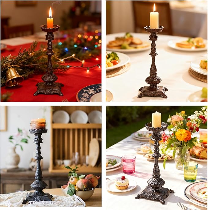 Sungmor Heavy Duty Cast Iron Candlestick Holders - Handcrafted Vintage Candelabra - 37CM/15Inch Tall 1-Head Candle Holder - Decorative Pillar Candle Stand for Christmas Birthday Wedding Home Party