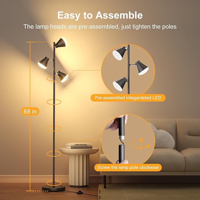 Floor Lamps for Living Room, 36W LED Floor Lamp Standing Lamp with Foot Switch, 3 Color Temperatures Living Room Lamps, 3 Rotatable Light Modern Floor Lamps for Living Room Bedroom Office