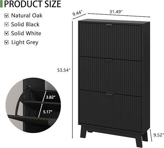 Shoe Cabinet with 3 Flip Drawers, 54" Tall Narrow Fluted Shoe Storage Organizer for Entryway, Hidden Slim Wooden Shoe Rack Cabinet for Front Door Entrance, Hallway, Living Room, Solid Black
