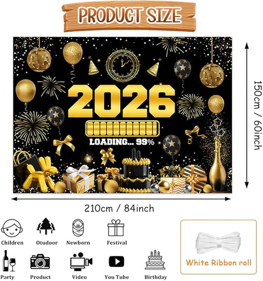 New Years Eve Party Backdrop for 2026, Gold Happy New Year Photo Background Great New Yeras Decorations for Outdoor Indoor Home Wall 7x5ft