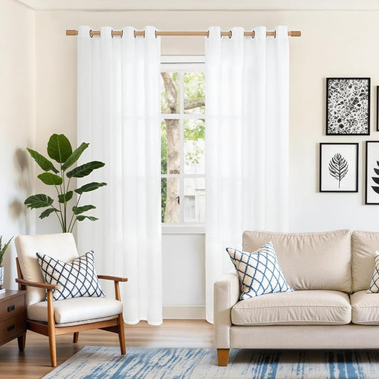 YoungsTex 80 Inch Length White Curtains for Living Room, Linen Semi Sheer Window Treatments Light Filtering with Bronze Grommet for Bedroom Dining Country, 52 x 80 Inch, 2 Panels