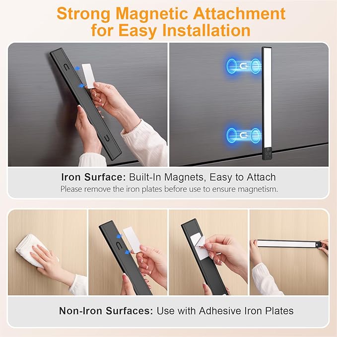 Gritin 14.7inch Under Cabinet Lighting Rechargeable - 128 LED Super Bright, 3-Color&5 Level Brightness, 4 Modes, Motion Sensor, Long Lasting-Easy Installation Magnetic Closet Lights - 2 Pack-Black