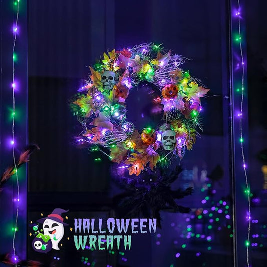 JMEXSUSS Halloween Lights Battery Operated, 2 Pack 100 LED 33ft Halloween Fairy Lights with Remote, 8 Modes Twinkle String Light for Fireplace Porch Tree Centerpiece Wreath Decor, Purple and Green