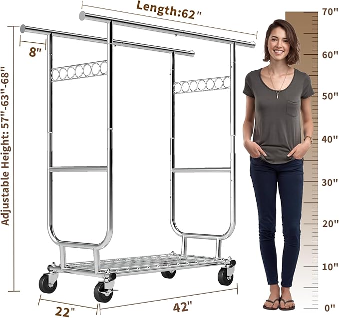 Clothes Rack Heavy Duty 620LBS For Hanging Clothes, Commercial Garment Rack Heavy Duty,Collapsible & Portable Clothes Rack with Wheels,Rolling Clothing Racks Metal Clothing Rack (CR-H)